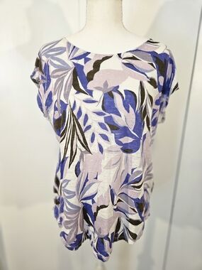 Linen 100% C&C California Lavender and Blue Leaf-Print Short Sleeve Tunic